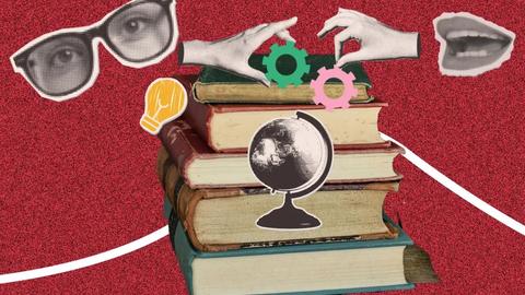 collage of hands, mouth, and eyes with glasses overtop books and a globe
